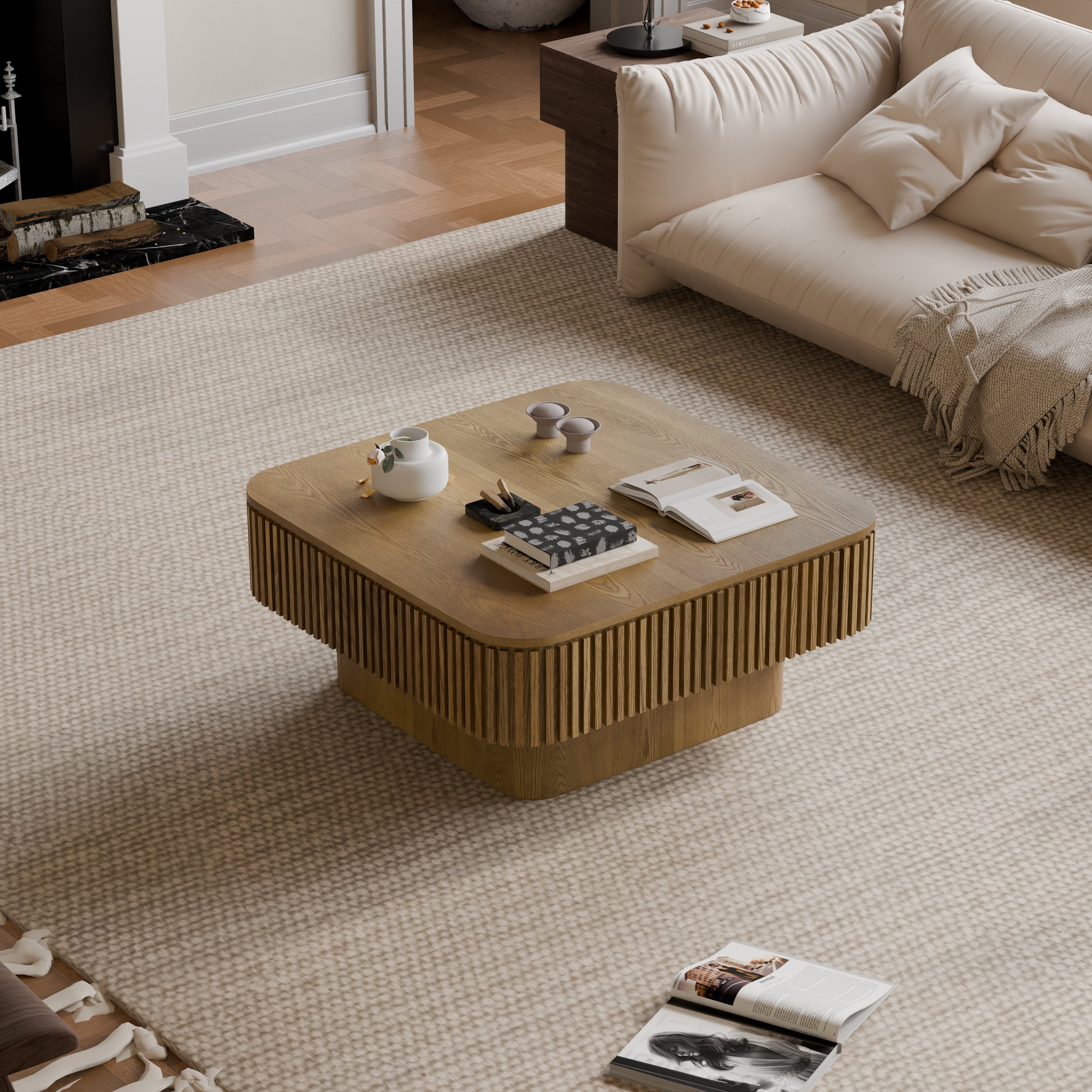 Brown Solid Wood Modern Coffee Table with Hidden Storage and Fluted Detail - Image 4