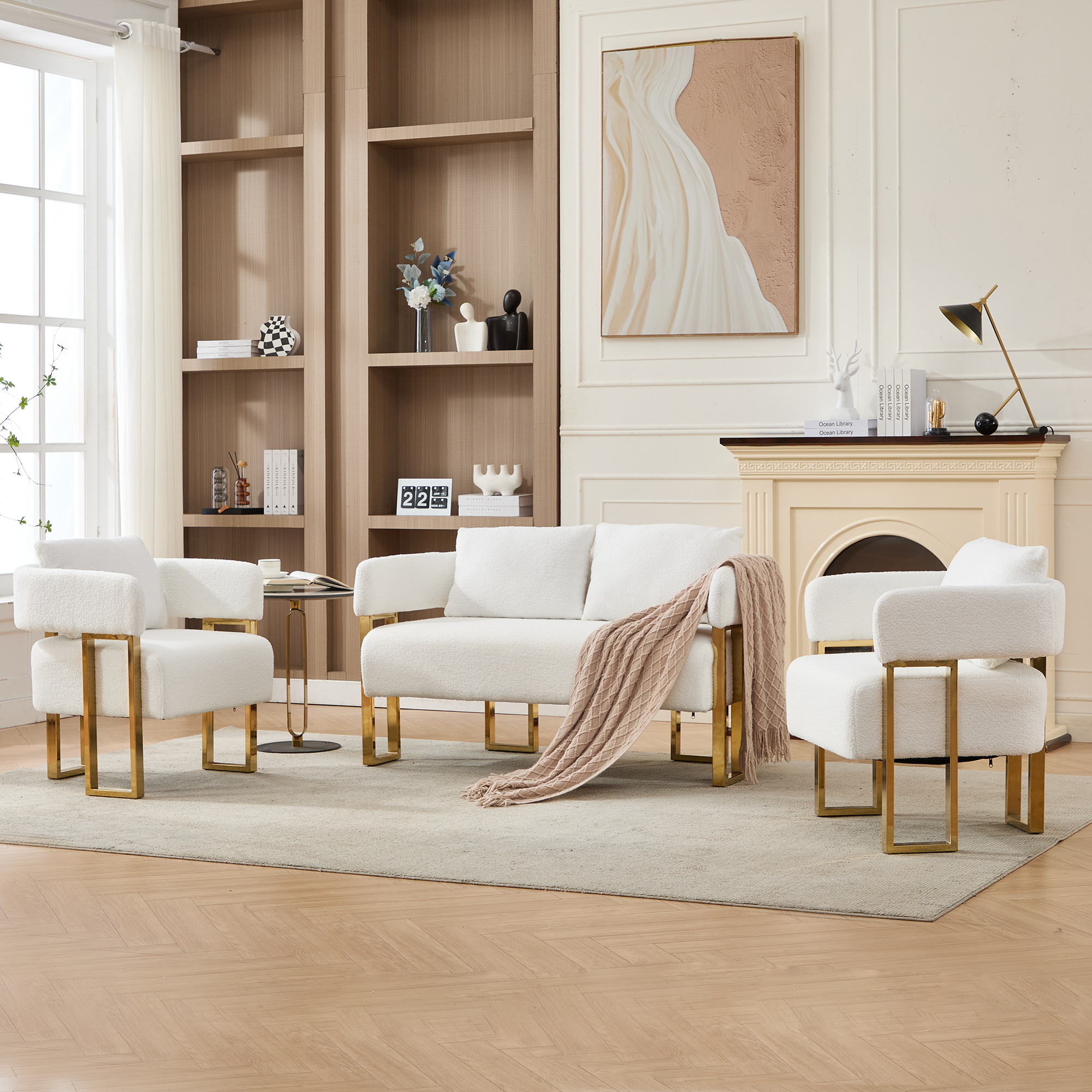 White Boucle Living Room Sofa - Nora Lane Home furniture - Metal accent, Upholstered