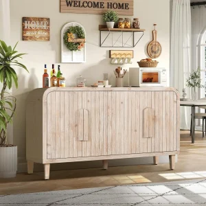 Antique White and Natural Wood Wash Solid Wood Farmhouse Sideboard with Adjustable Shelves