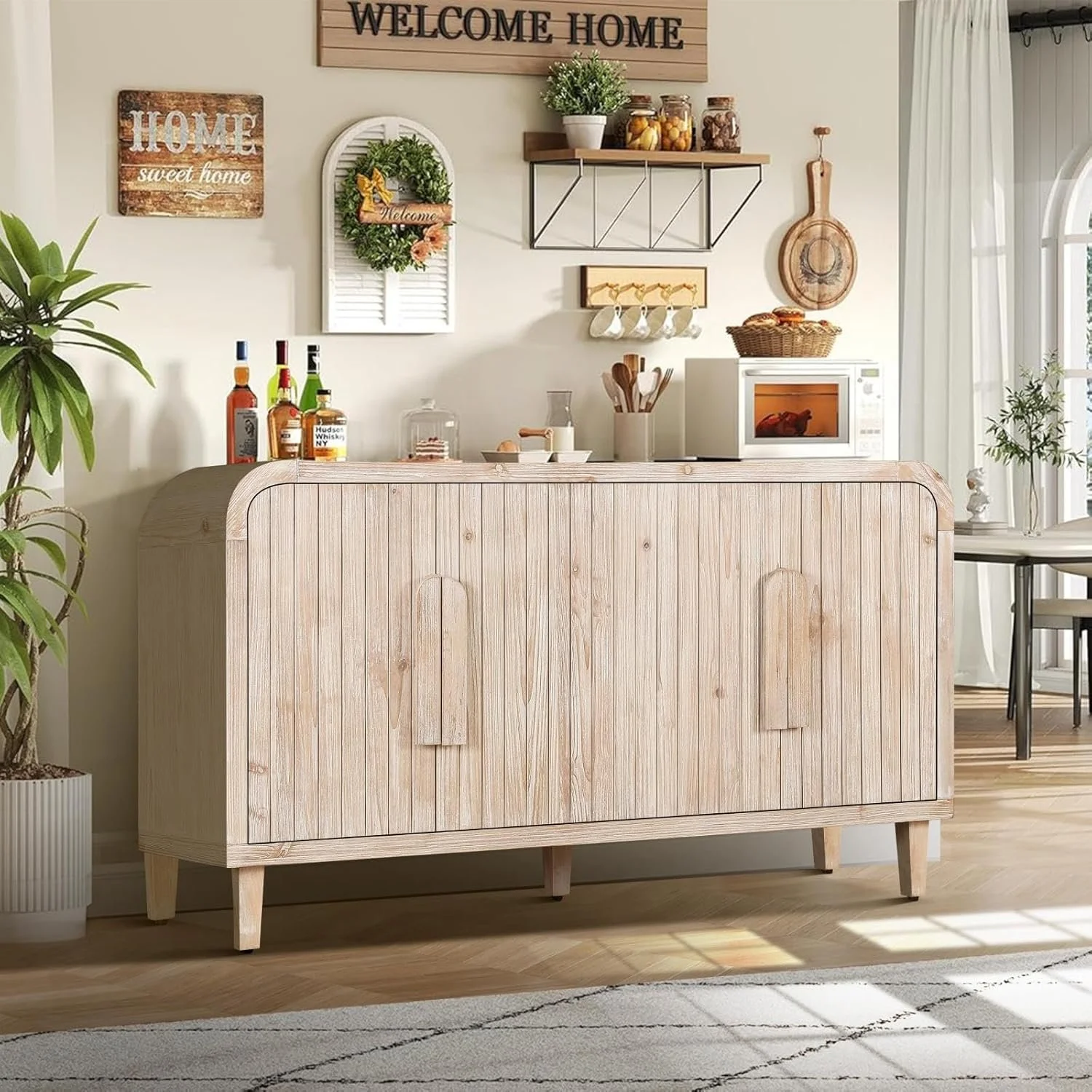 Antique White and Natural Wood Wash Solid Wood Farmhouse Sideboard with Adjustable Shelves