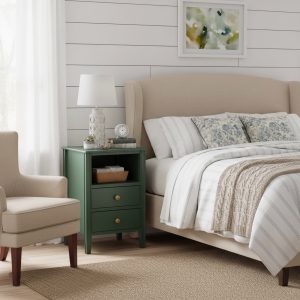 Antique Green Metal and Wood Vintage Nightstand with 2 Drawers, Open Shelf and Fluted Detail