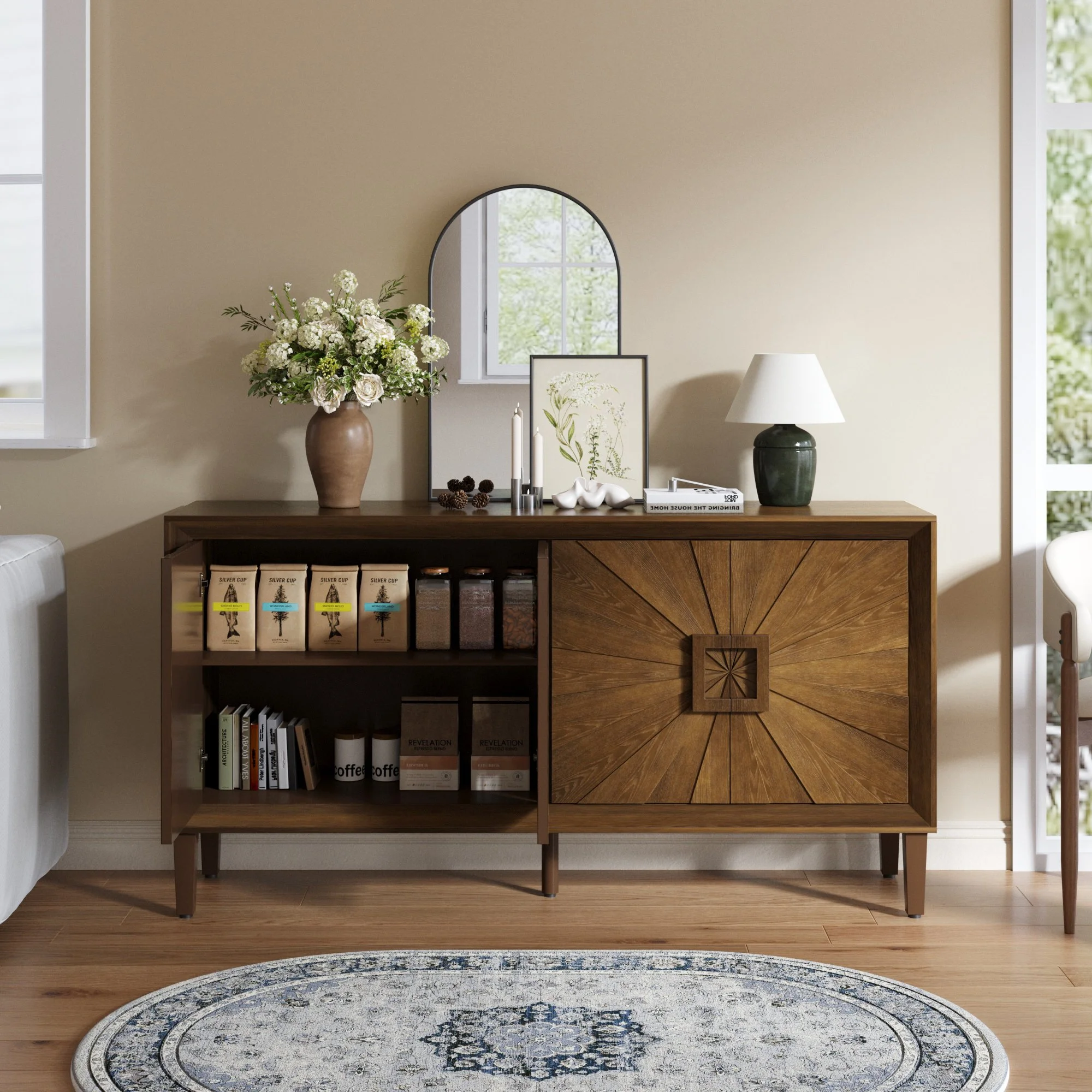 Antique Brown Solid Wood Farmhouse Sideboard with Adjustable Shelves and Sunburst Doors - Image 3