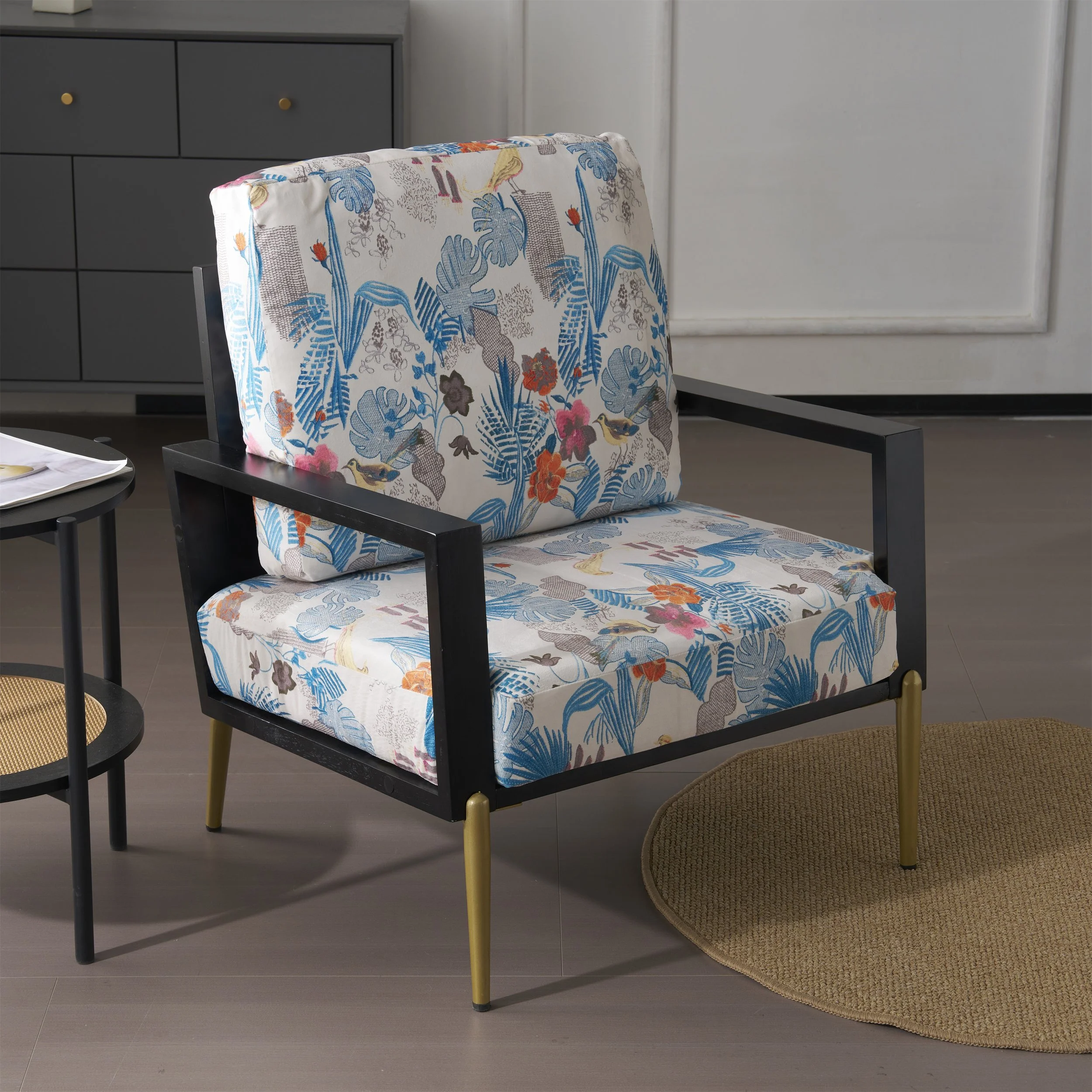 Antique Blue, Black, and Flower Velvet Vintage Armchair - Image 8