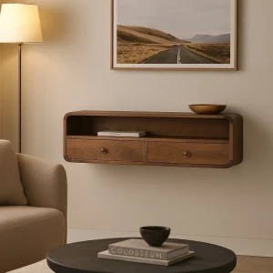 Chestnut Solid Wood Contemporary Table with 2 Drawers and Open Shelf