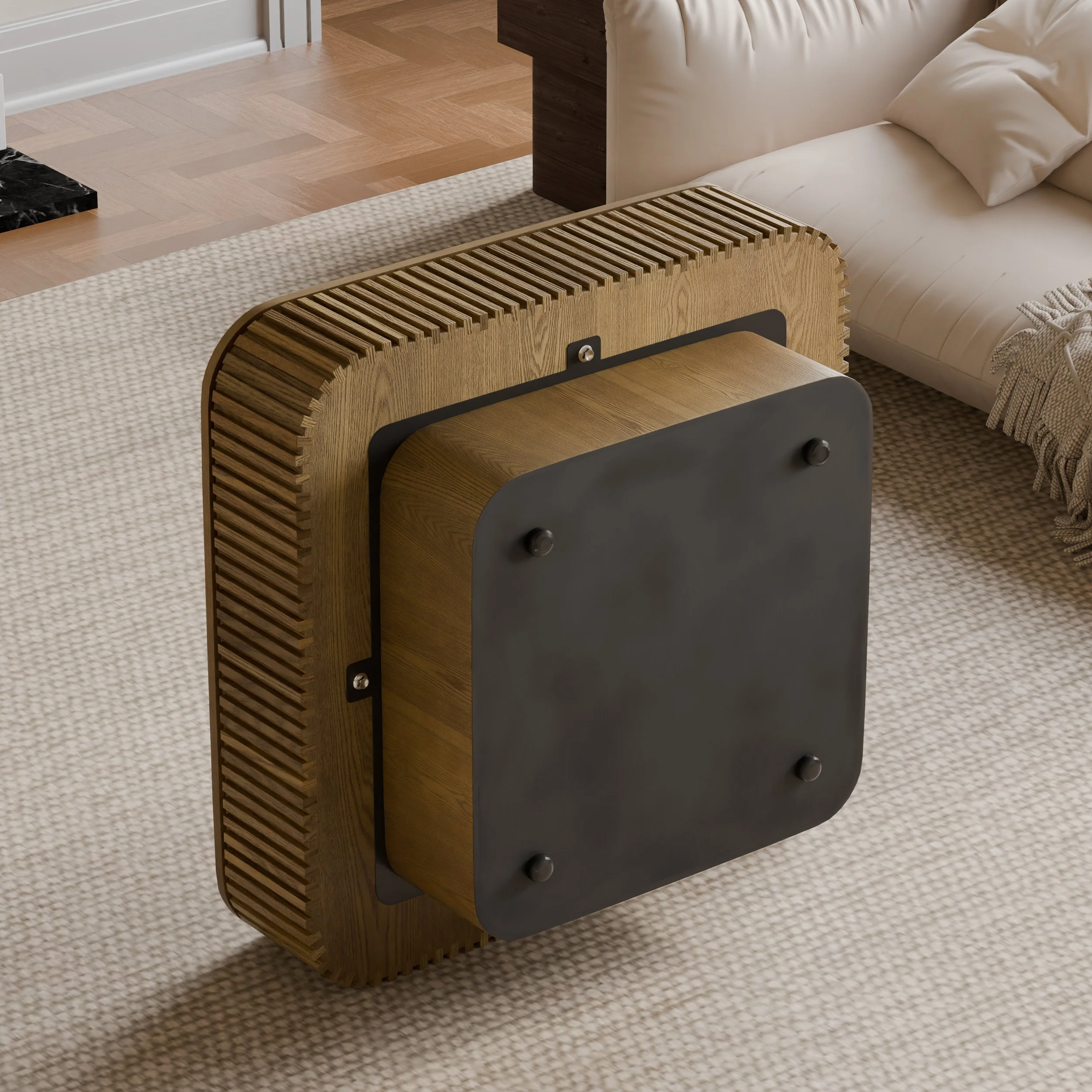 Brown Solid Wood Modern Coffee Table with Hidden Storage and Fluted Detail - Image 7