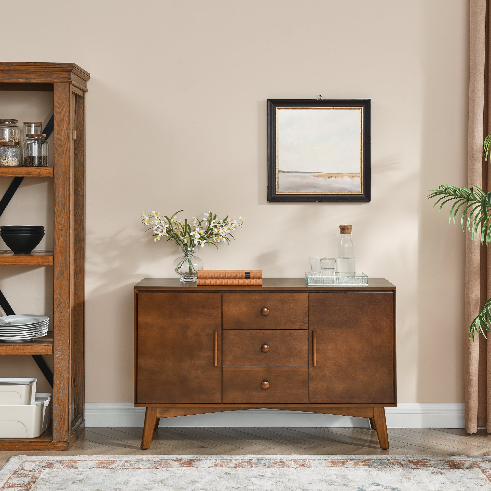 Walnut Solid Wood Mid-century Sideboard with 3 Drawers - Image 2