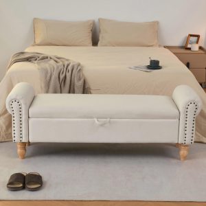 Beige Solid Wood Storage Bench - Nora Lane Home furniture - Solid wood, Upholstered - 42.5 x 18.1 x 11.8 in