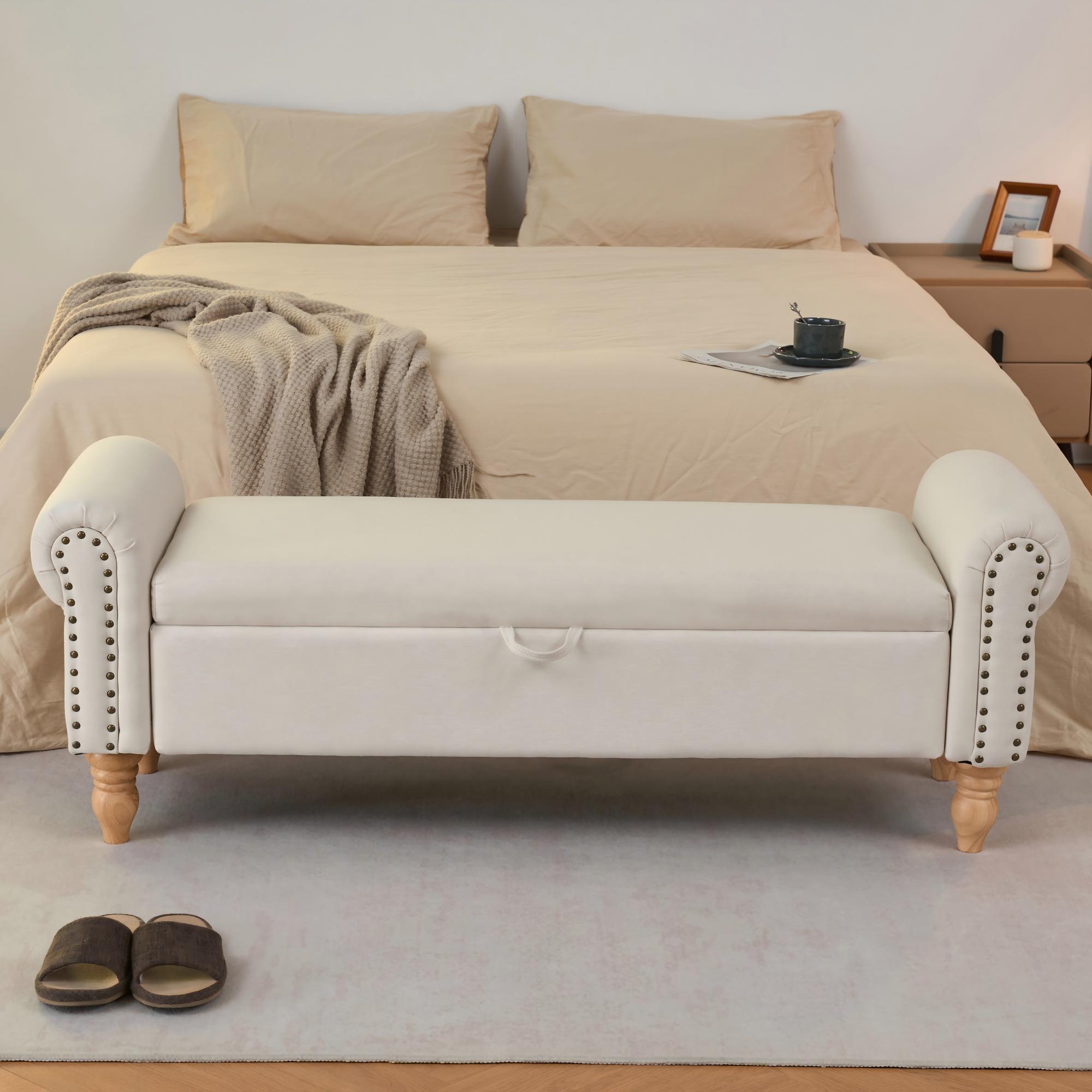 Beige Solid Wood Storage Bench - Nora Lane Home furniture - Solid wood, Upholstered - 42.5 x 18.1 x 11.8 in