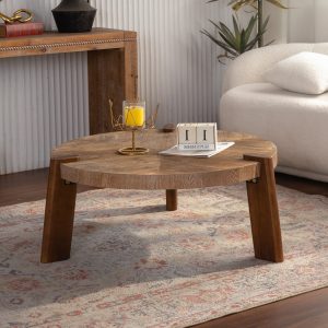 Natural Wood Textured Round Coffee Table - Nora Lane Home furniture - Solid wood, Metal accent - 38.39 x 4.92 x 38.98 in