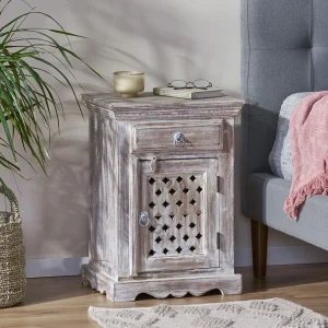 White Wood Boho Nightstand with 1 Drawer