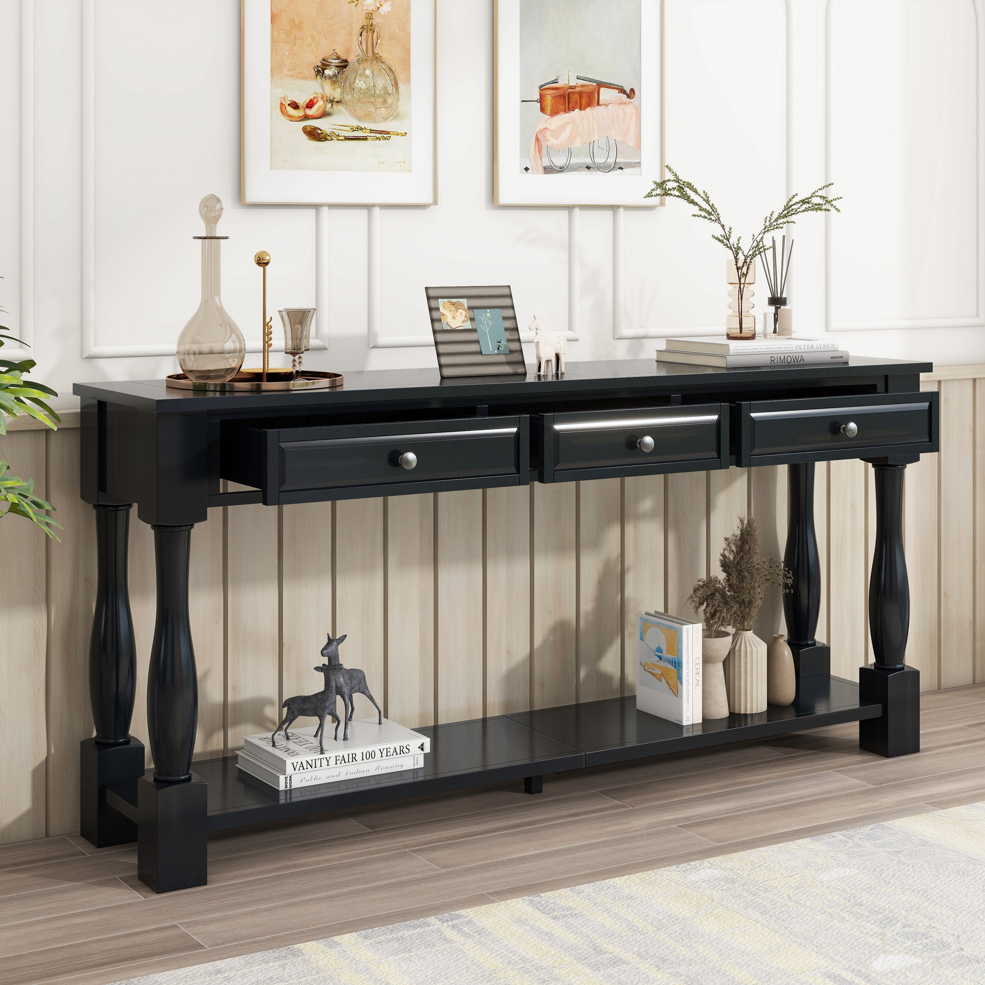 Brown Storage Console Table - Nora Lane Home furniture - Solid wood - 66.14 x 17.72 x 12.4 in