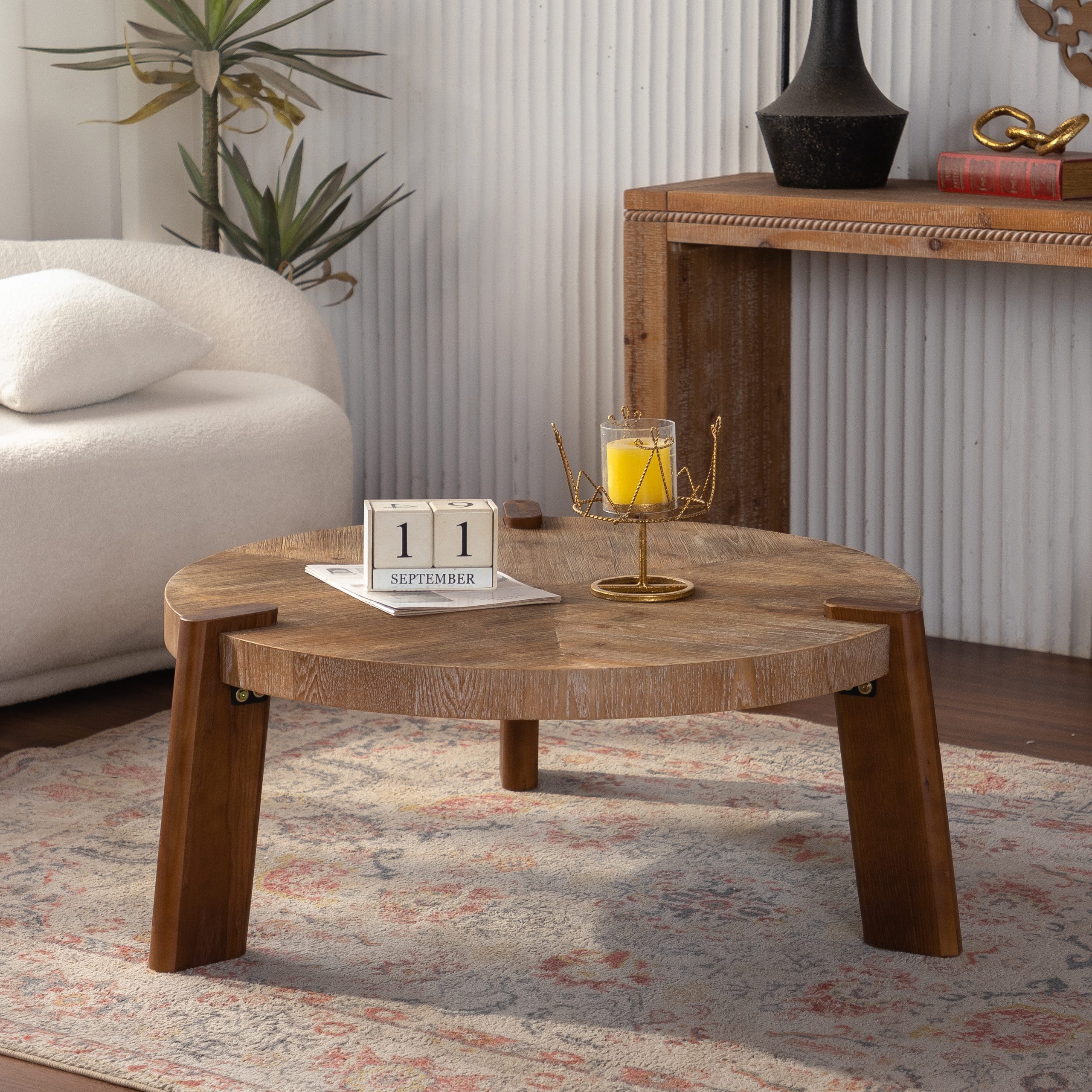 Natural Wood Textured Round Coffee Table - Nora Lane Home furniture - Solid wood, Metal accent - 38.39 x 4.92 x 38.98 in