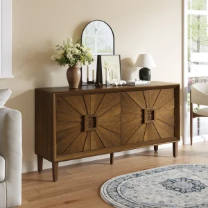 Antique Brown Solid Wood Farmhouse Sideboard with Adjustable Shelves and Sunburst Doors