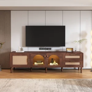 Dark Brown Rattan Modern TV Stand with 2 Drawers, Rattan Detail and LED Lighting