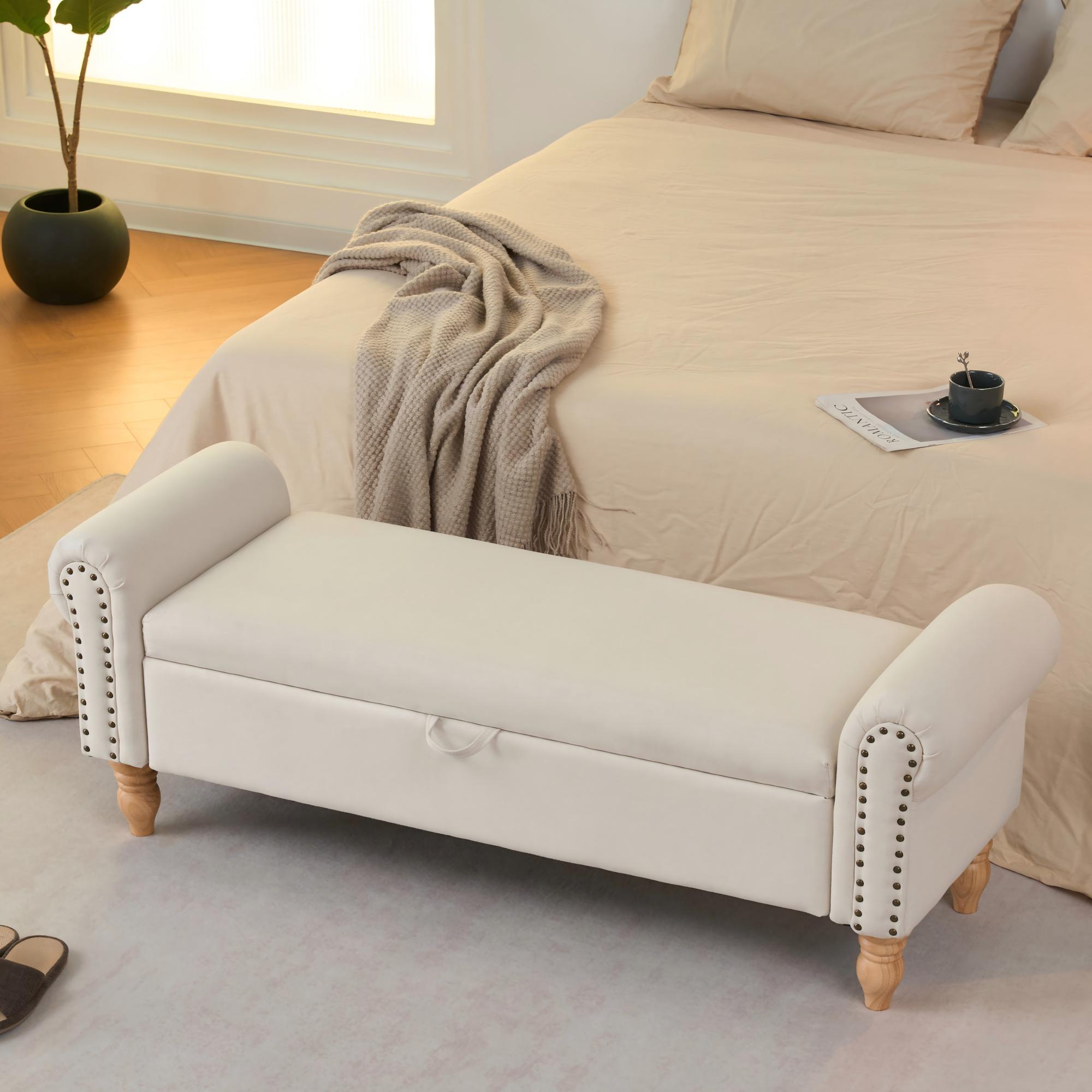 Beige Solid Wood Storage Bench - Nora Lane Home furniture - Solid wood, Upholstered - 42.5 x 18.1 x 11.8 in