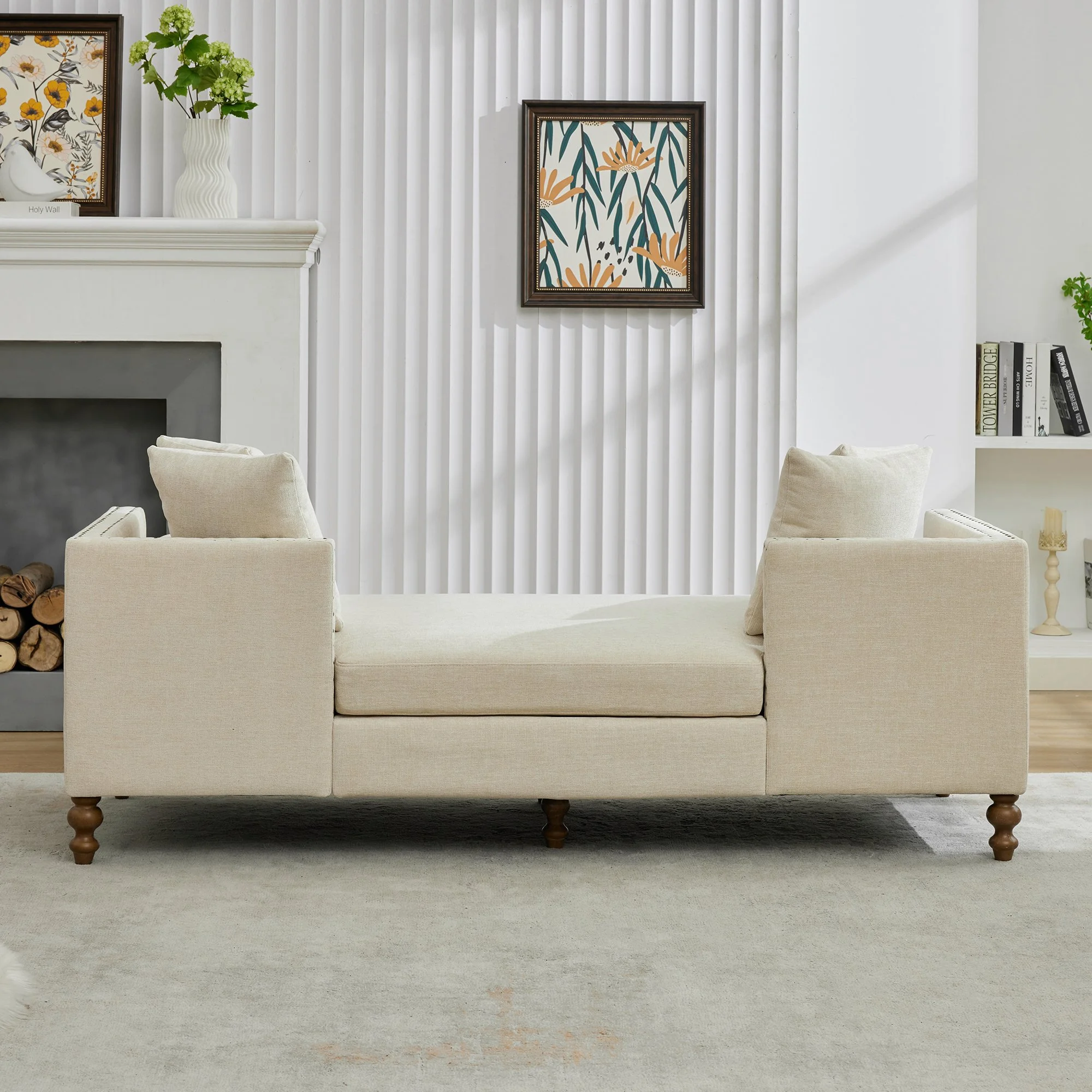 Beige Solid Wood Chaise Lounge with Convertible and Nailhead Trim - Image 4