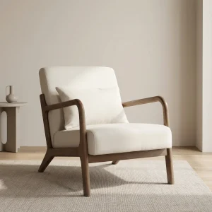Antique White Linen Mid-century Armchair