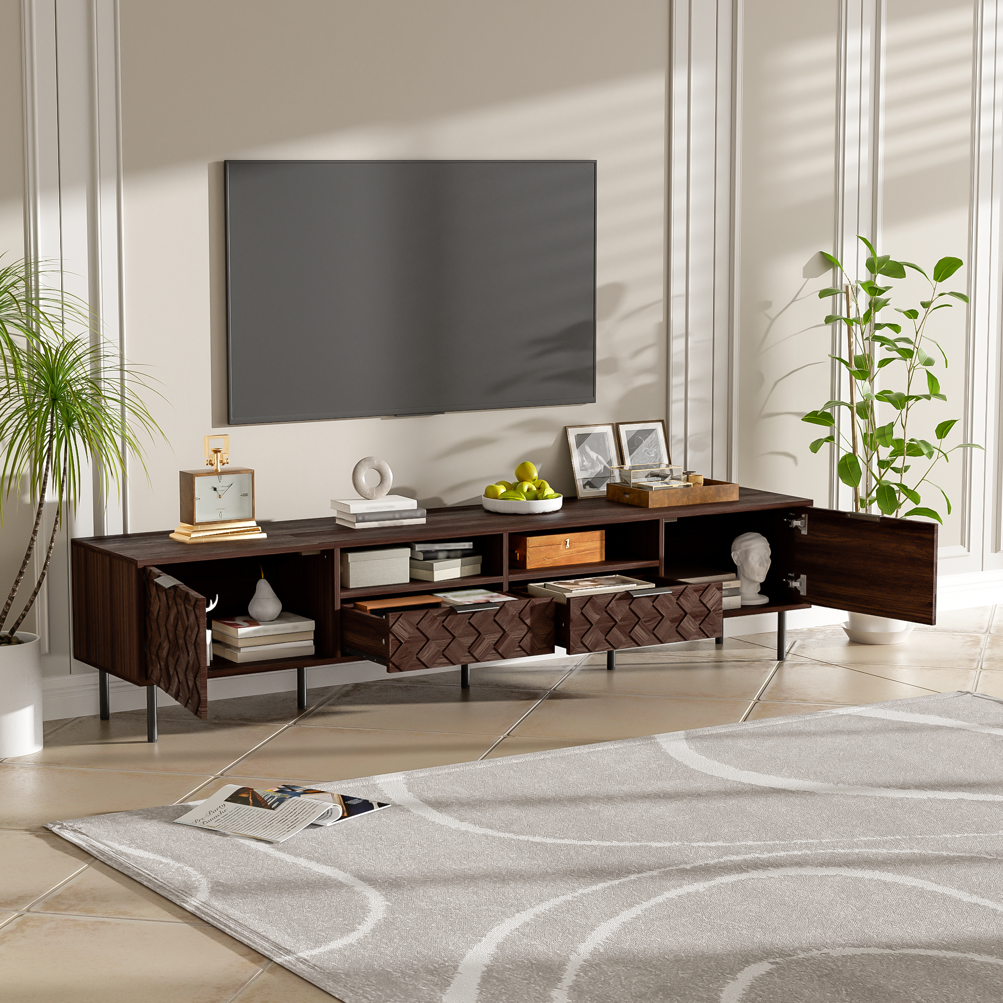 Brown Storage TV Stand - Nora Lane Home furniture - Metal accent - 64.57 x 19.84 x 5.71 in