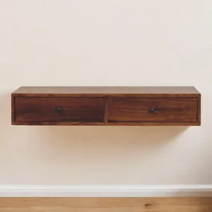 Brown Solid Wood Contemporary Wall-Mounted Nightstand with 2 Drawers
