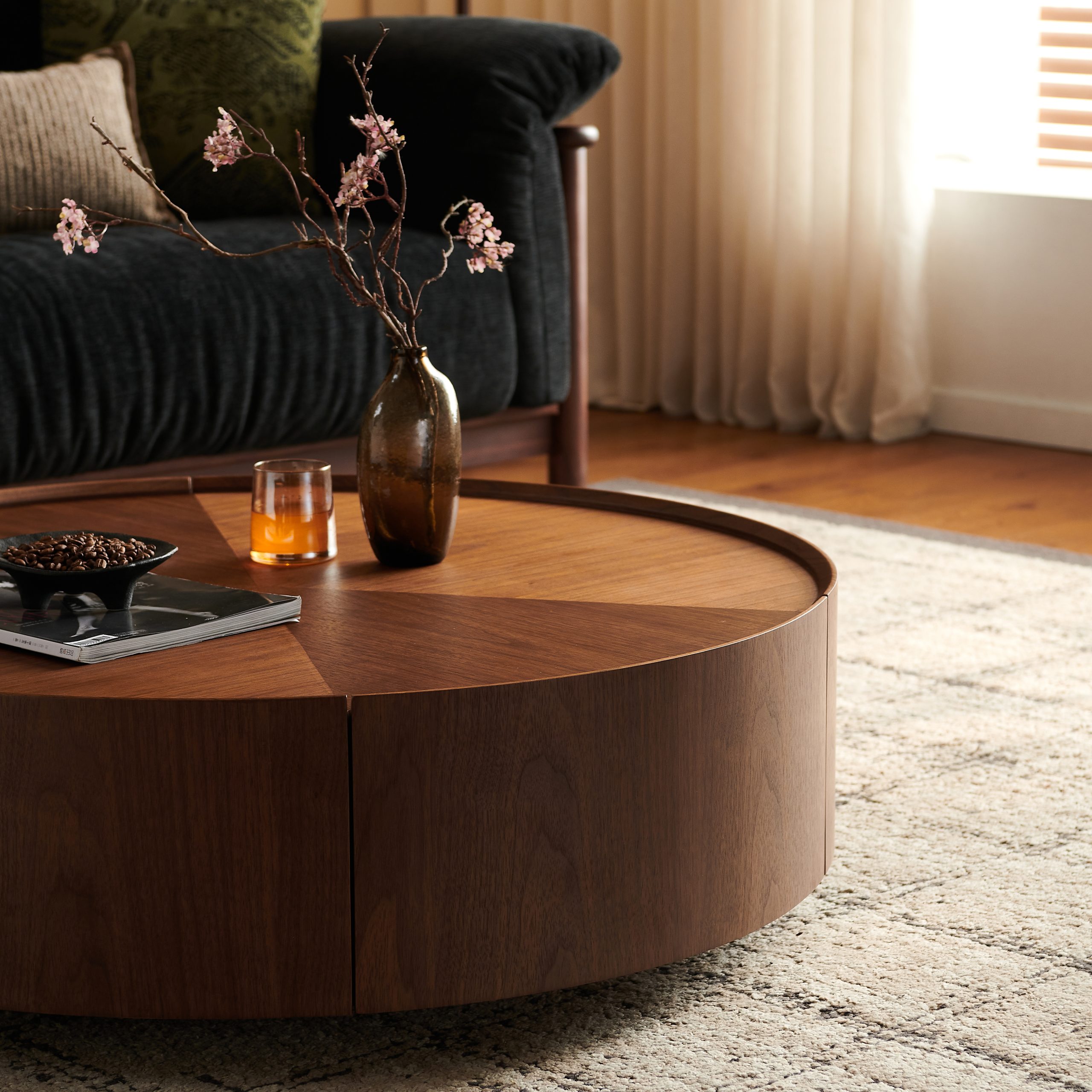 Walnut Coffee Table - Nora Lane Home furniture - Walnut finish, Metal accent - 37.79 x 37.79 x 13.78 in