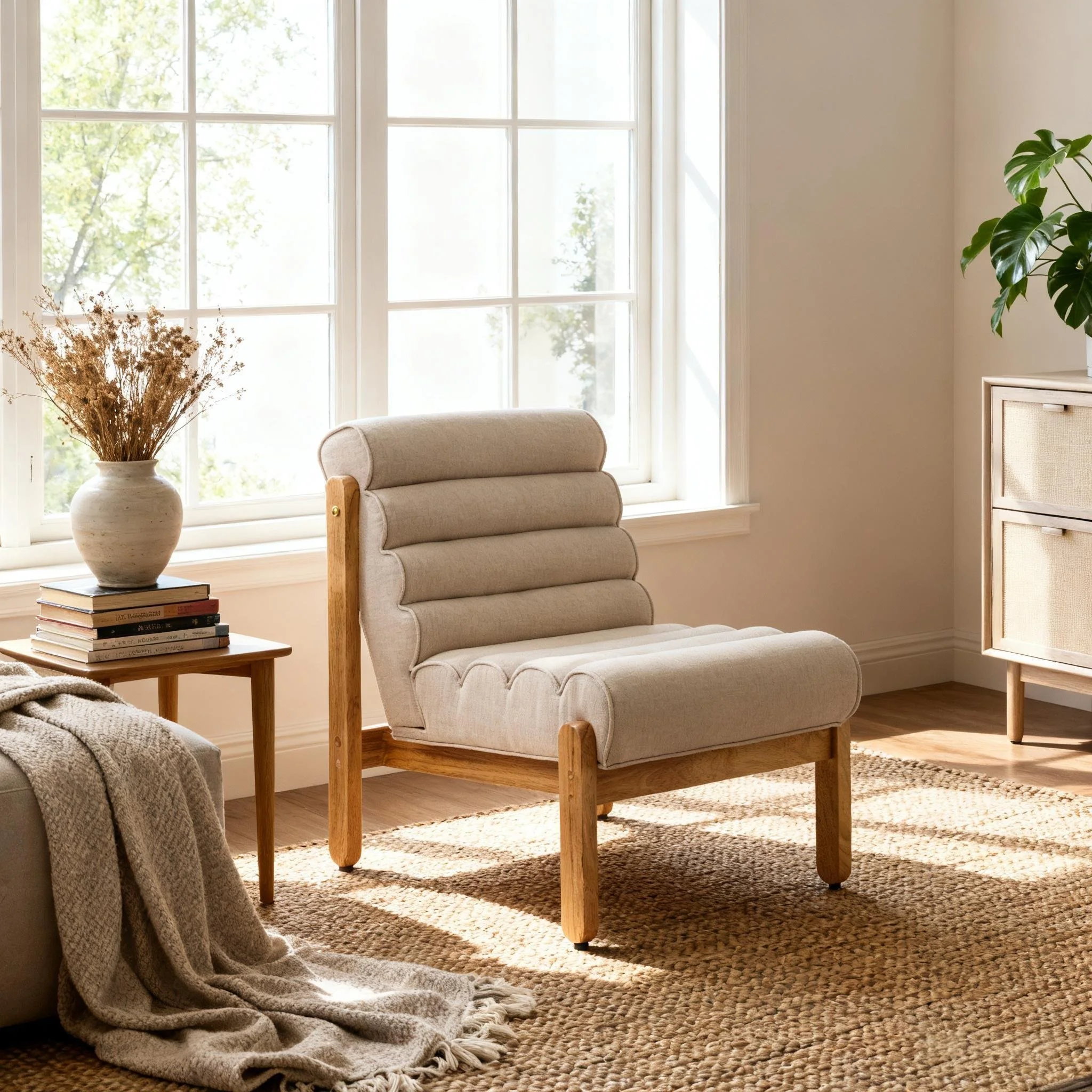 Beige and Natural Solid Wood Modern Accent Chair - Image 2