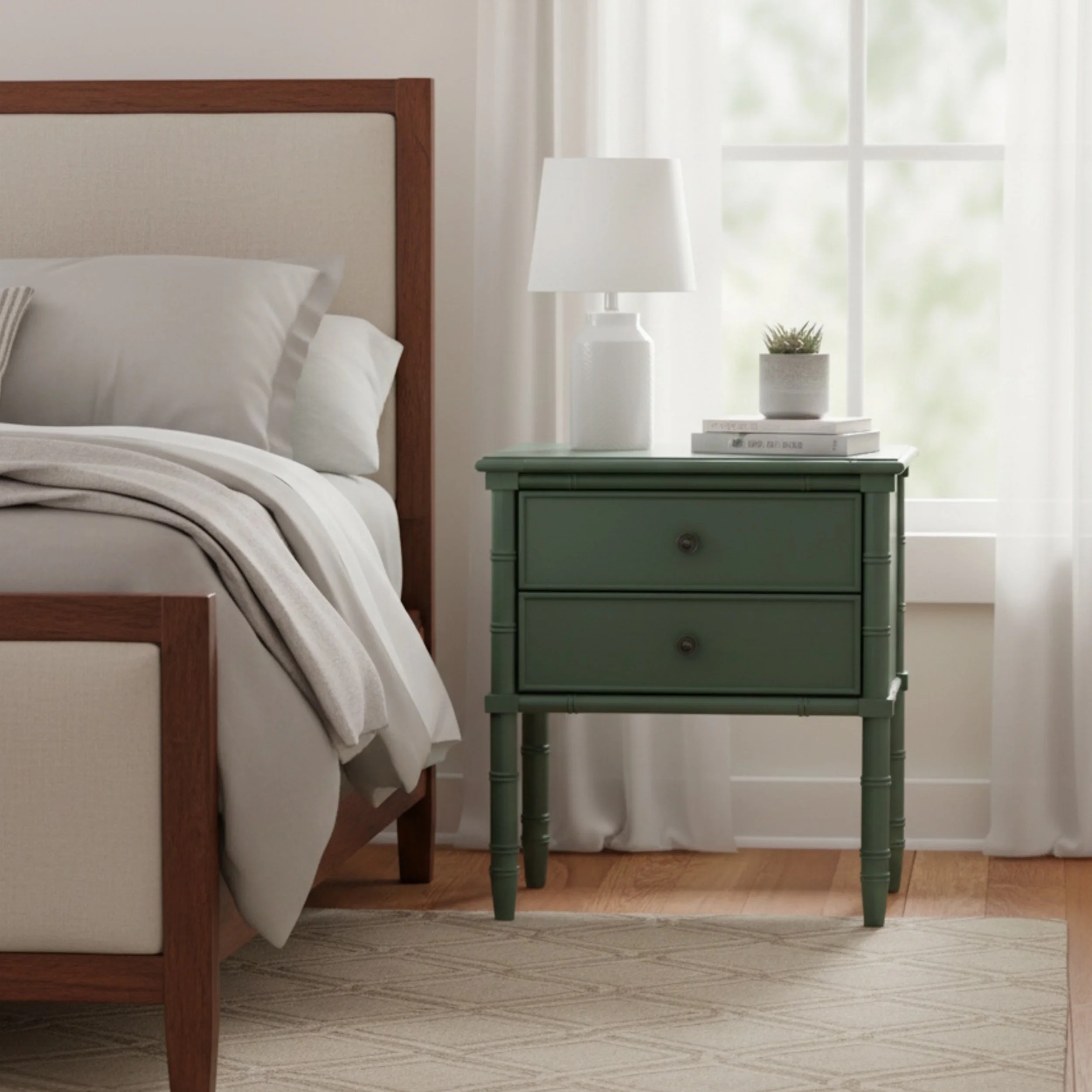 Antique Green Vintage Nightstand with 2 Drawers