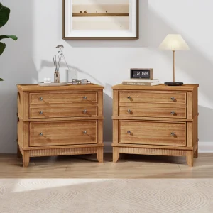 Natural Solid Wood Rustic Nightstand with 3 Drawers