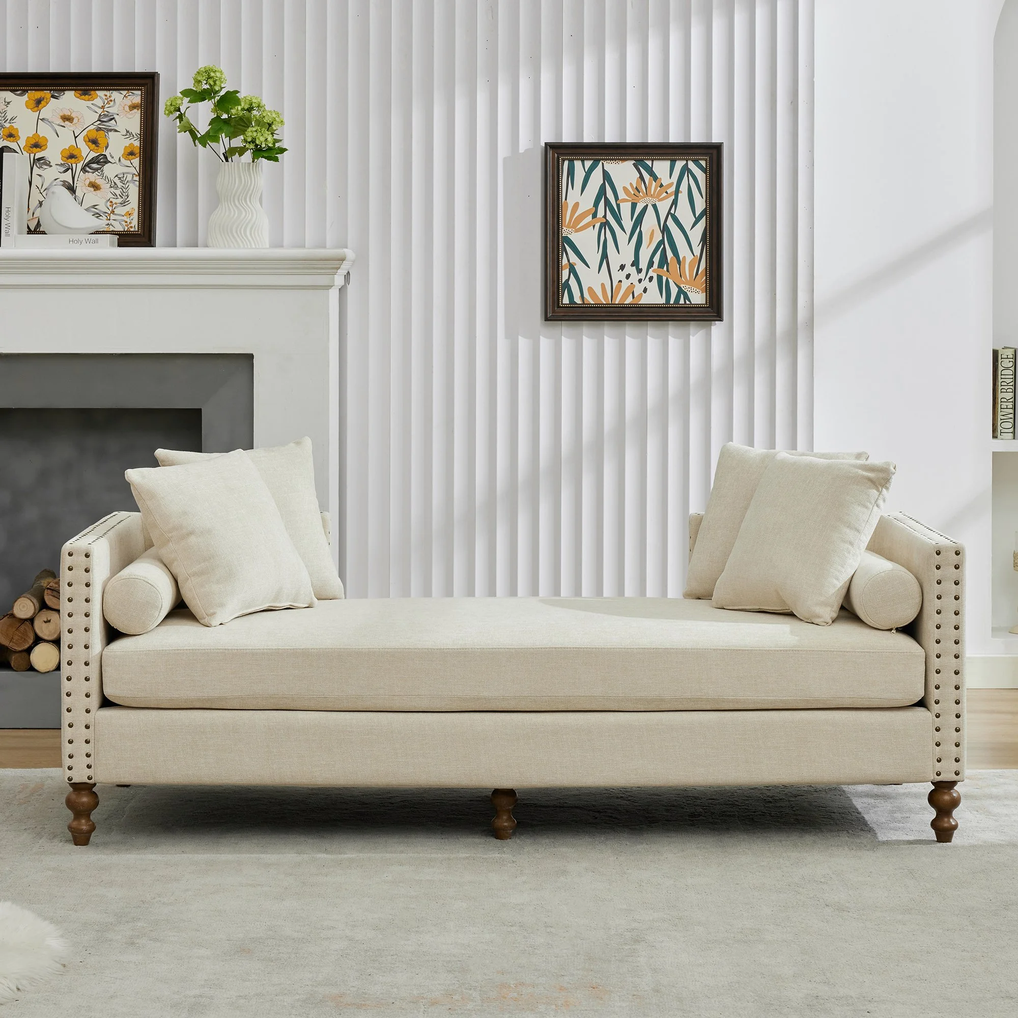 Beige Solid Wood Chaise Lounge with Convertible and Nailhead Trim