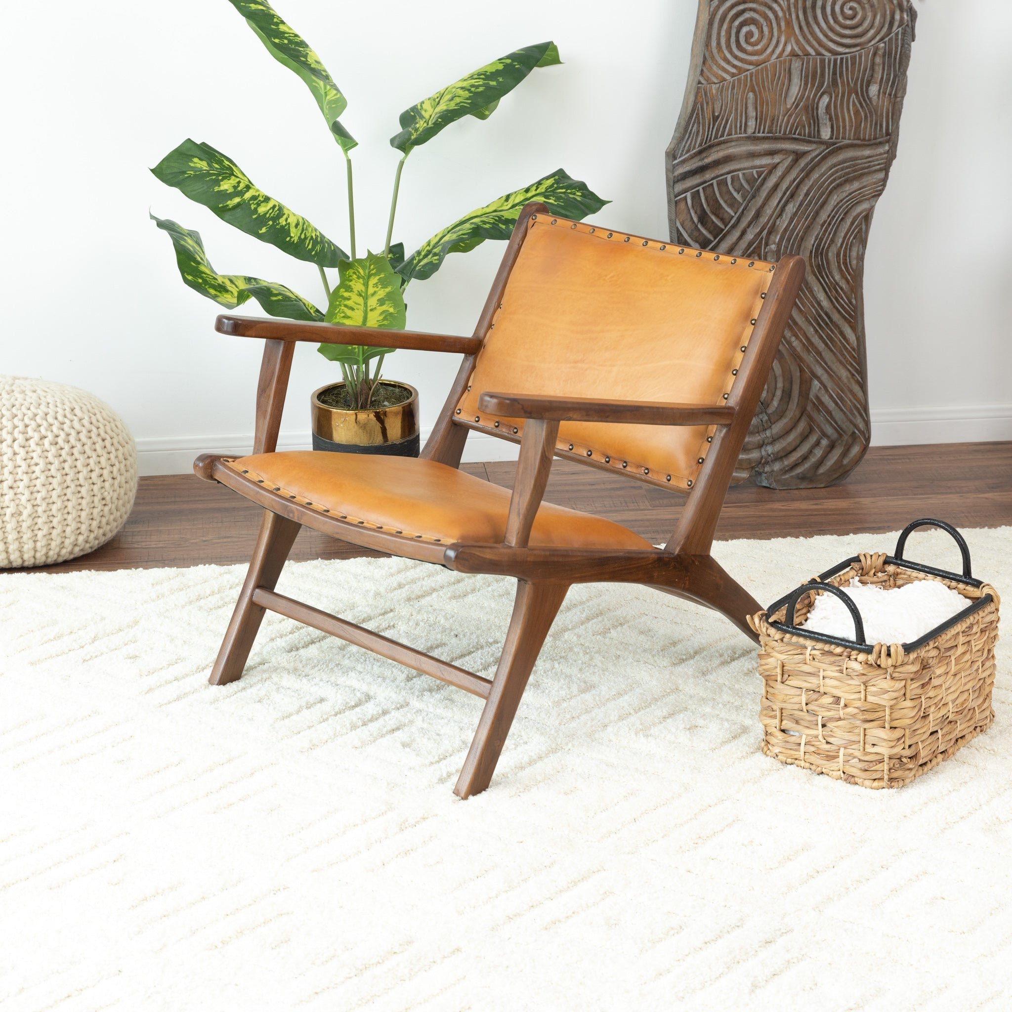 Brown and Tan Solid Wood Modern Armchair - Image 4