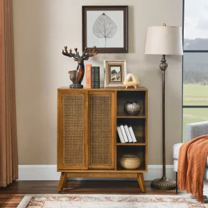 Walnut Rattan Mid-century Sideboard with Hidden Storage, Rattan Detail and Adjustable Shelves