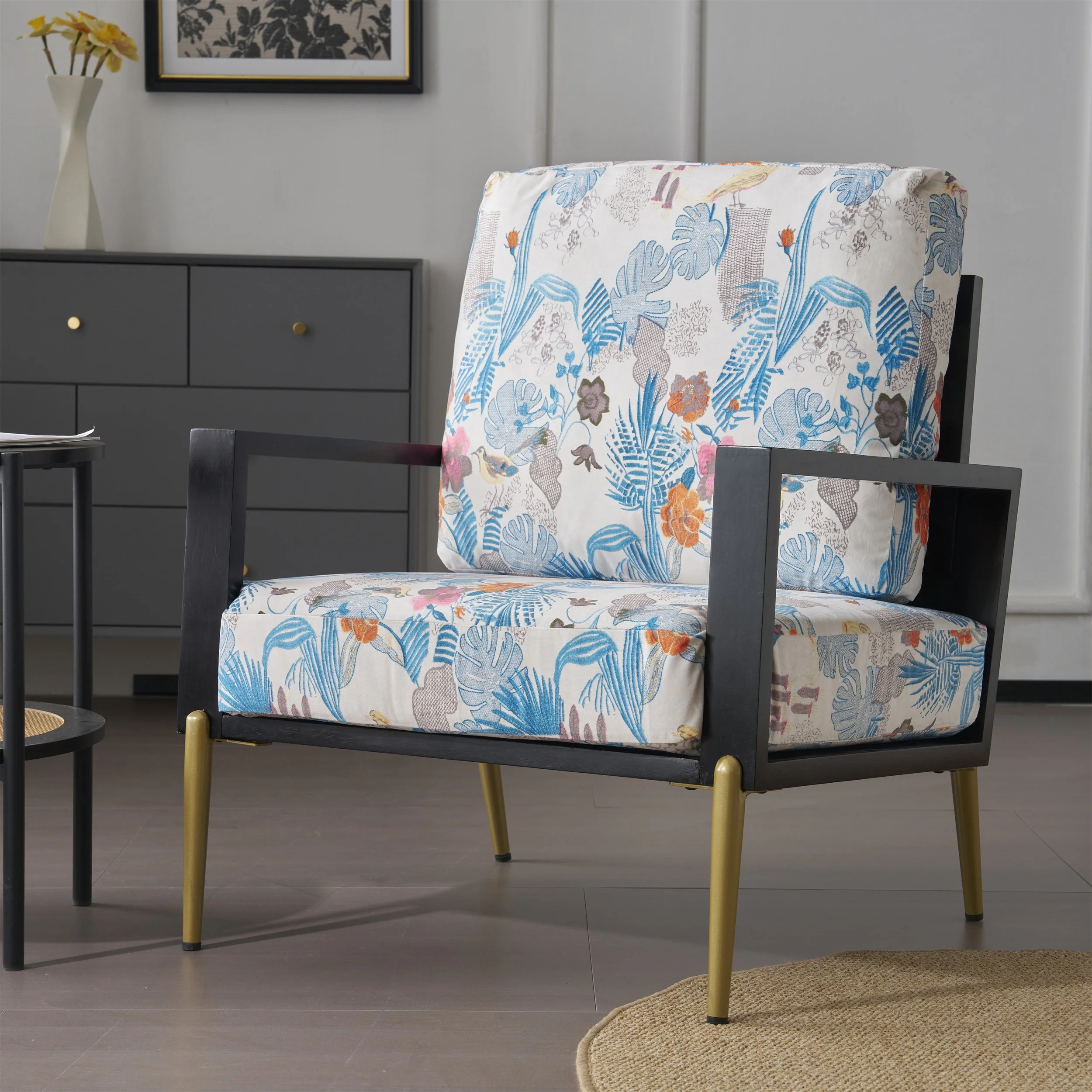 Antique Blue, Black, and Flower Velvet Vintage Armchair