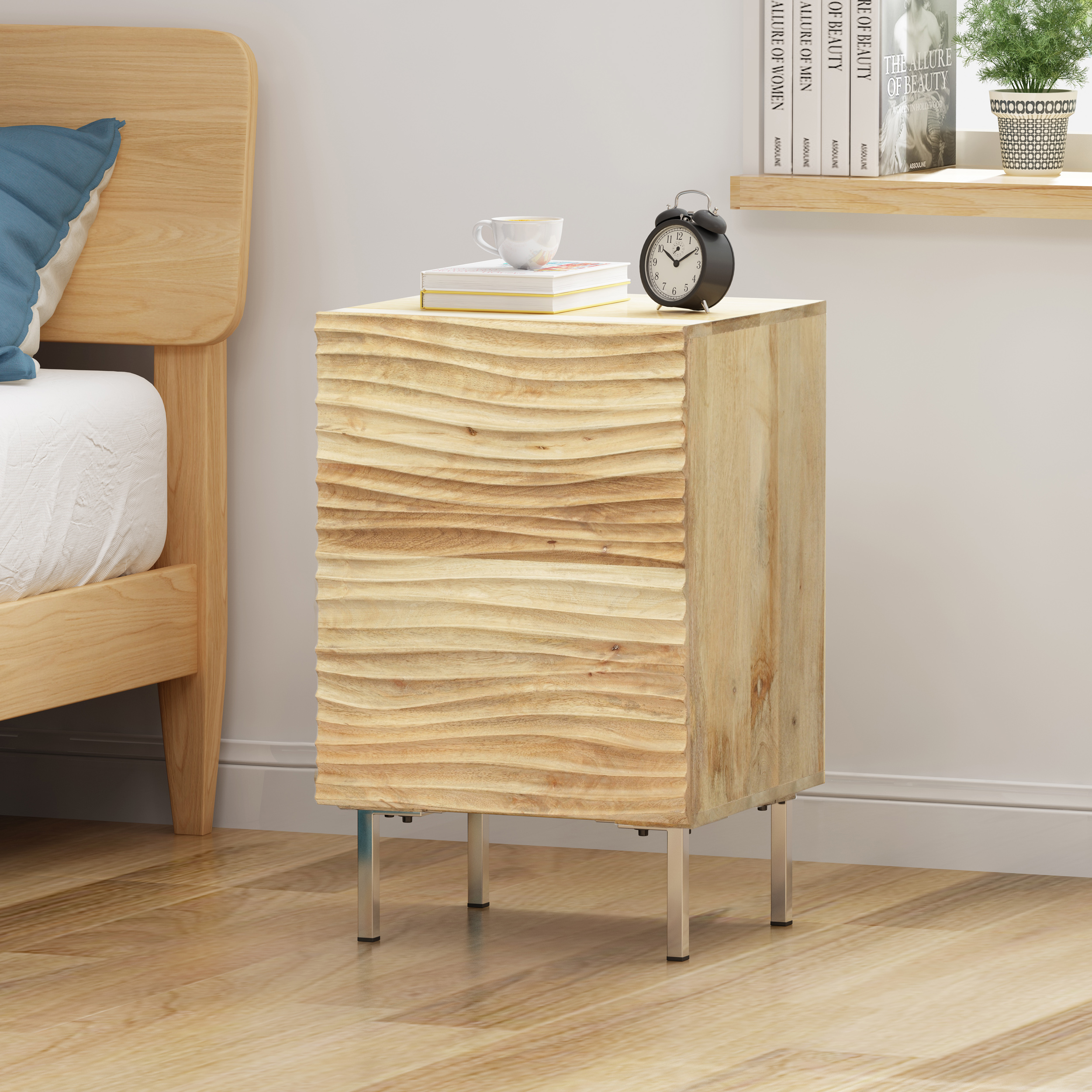 Natural Wood Wood Storage Nightstand - Nora Lane Home furniture - Solid wood, Metal accent - 26 x 21 x 19.5 in