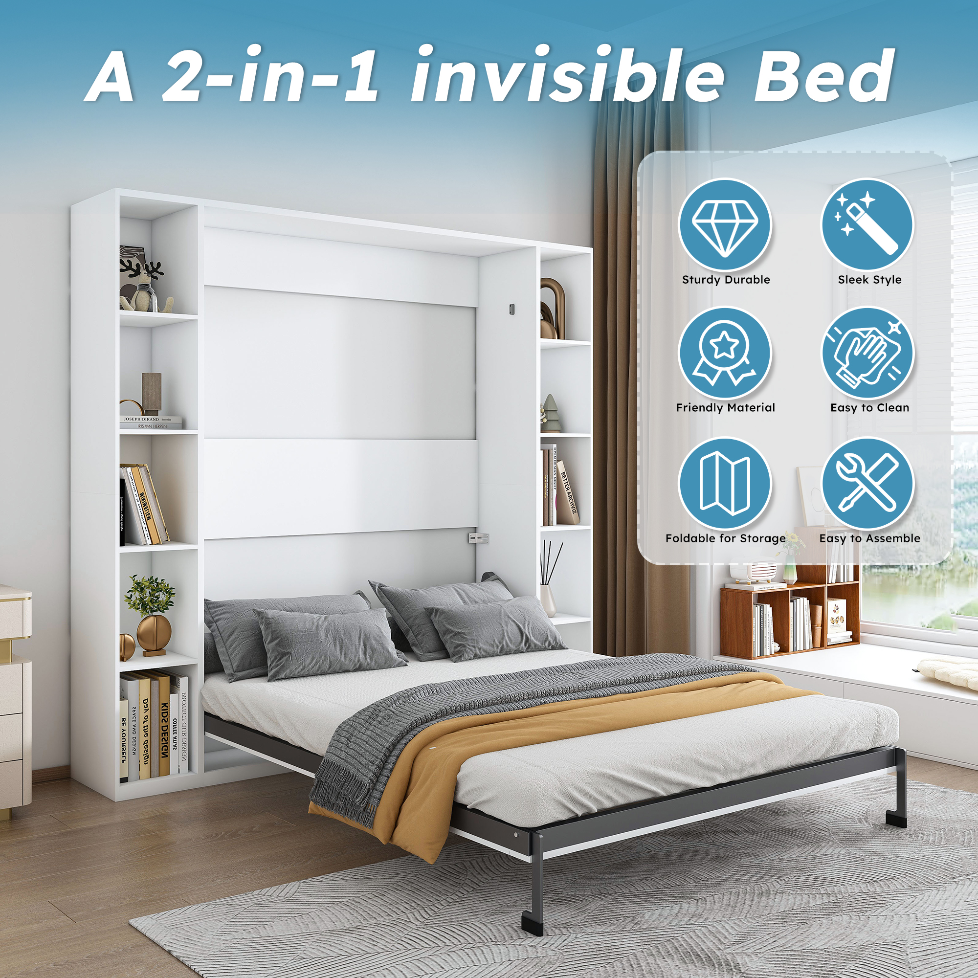 White Solid Wood Storage Wall Bed - Nora Lane Home furniture - Solid wood