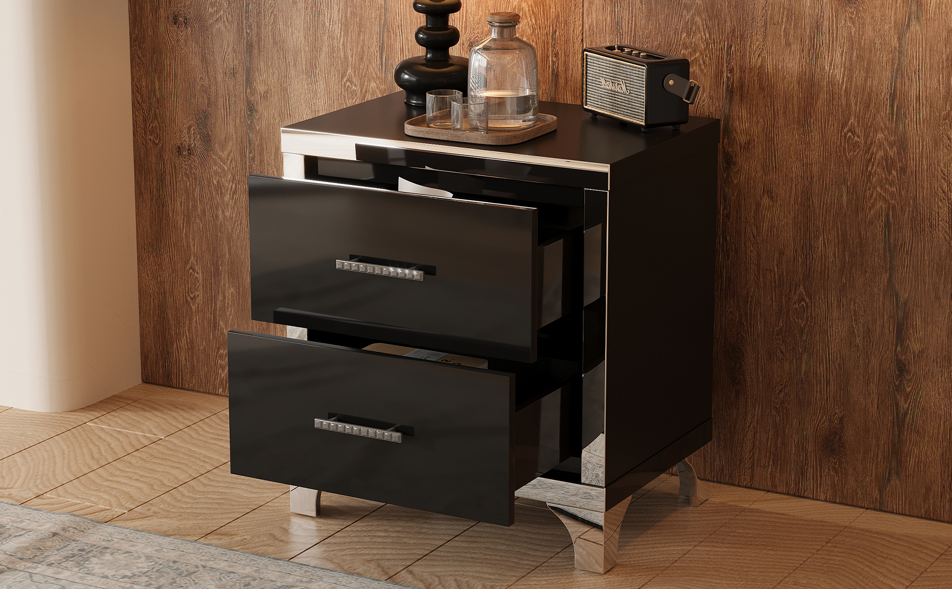 Black Storage Nightstand - Nora Lane Home furniture - Metal accent, Glass detail - 26.77 x 18.9 x 11.22 in