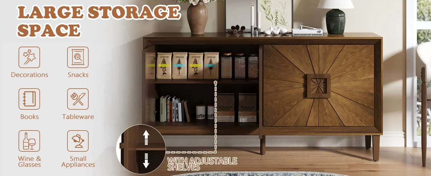 Antique Brown Solid Wood Farmhouse Sideboard with Adjustable Shelves and Sunburst Doors - Image 8