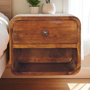 Brown Solid Wood Modern Wall-Mounted Nightstand with 1 Drawer and Open Shelf