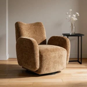 Camel and Brown Chenille Traditional Sofa with Swivel