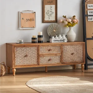 Rattan Mid-century TV Stand with 2 Drawers, Open Shelf and Rattan Detail