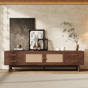 Dark Brown Rattan Rustic TV Stand with 4 Drawers, Rattan Detail and Cable Management