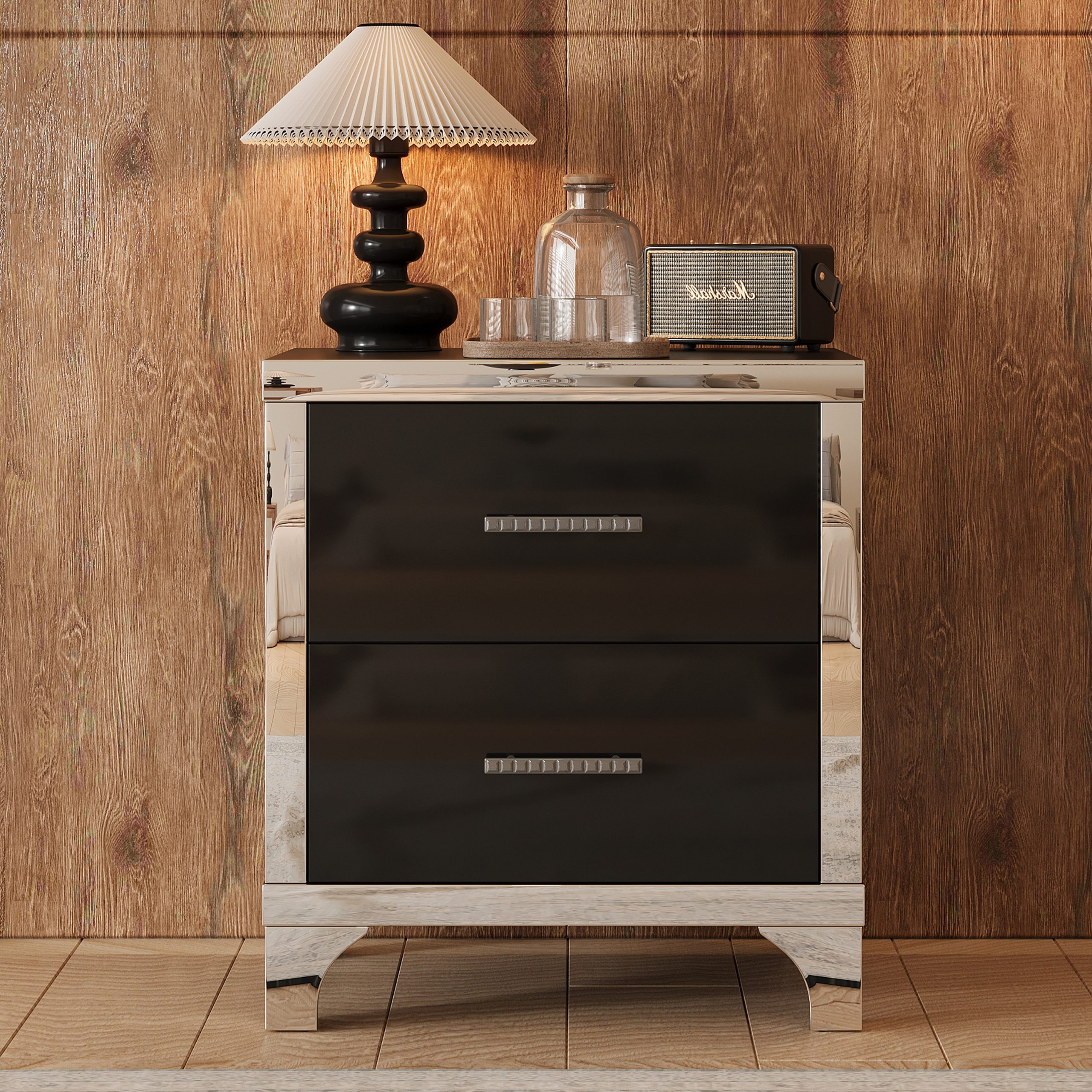 Black Storage Nightstand - Nora Lane Home furniture - Metal accent, Glass detail - 26.77 x 18.9 x 11.22 in