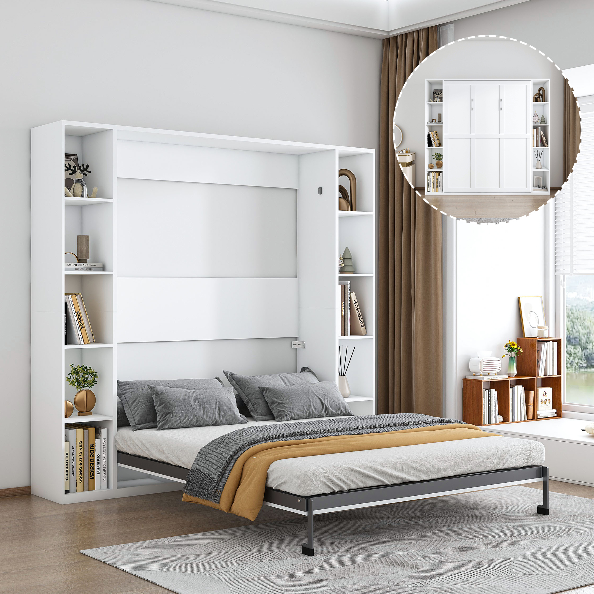 White Solid Wood Storage Wall Bed - Nora Lane Home furniture - Solid wood