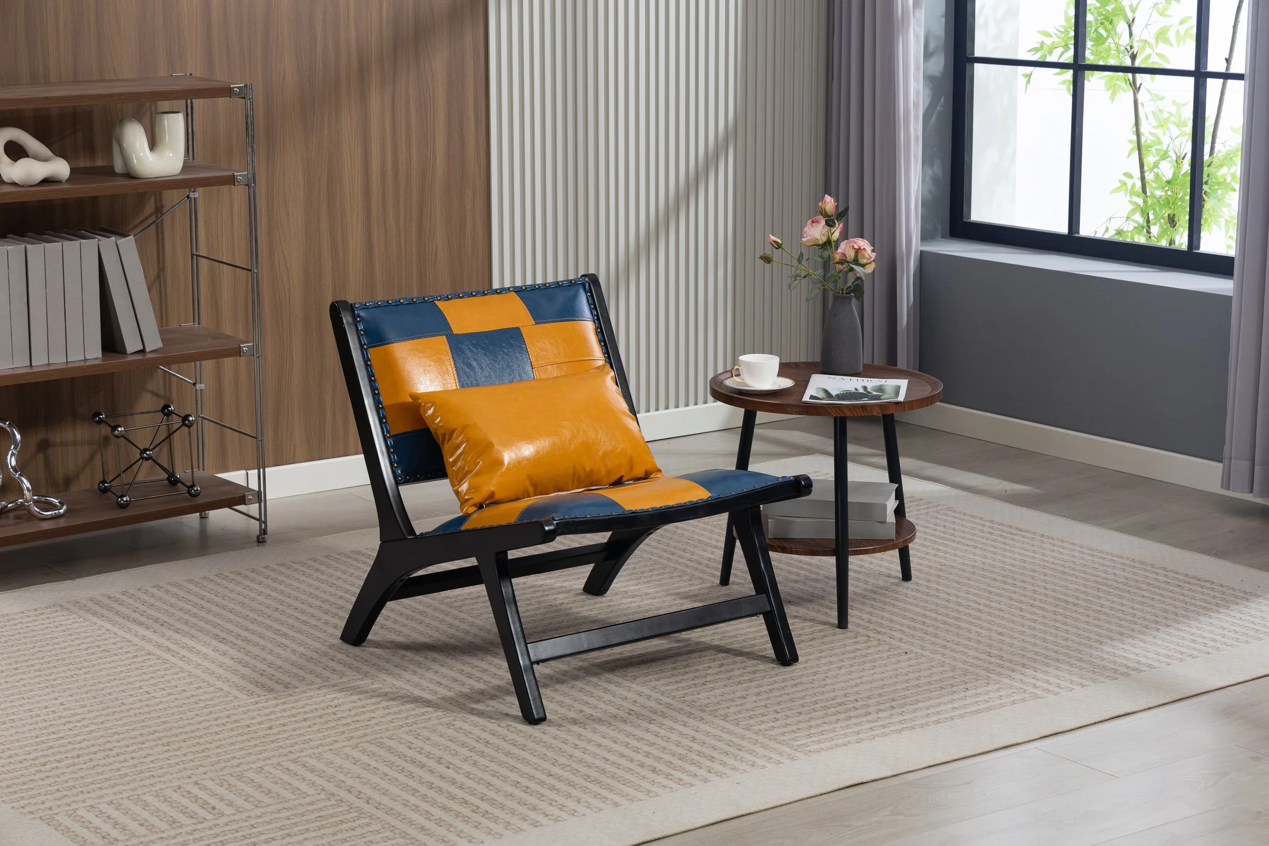 Blue and Yellow Faux Leather Mid-century Armchair - Image 3