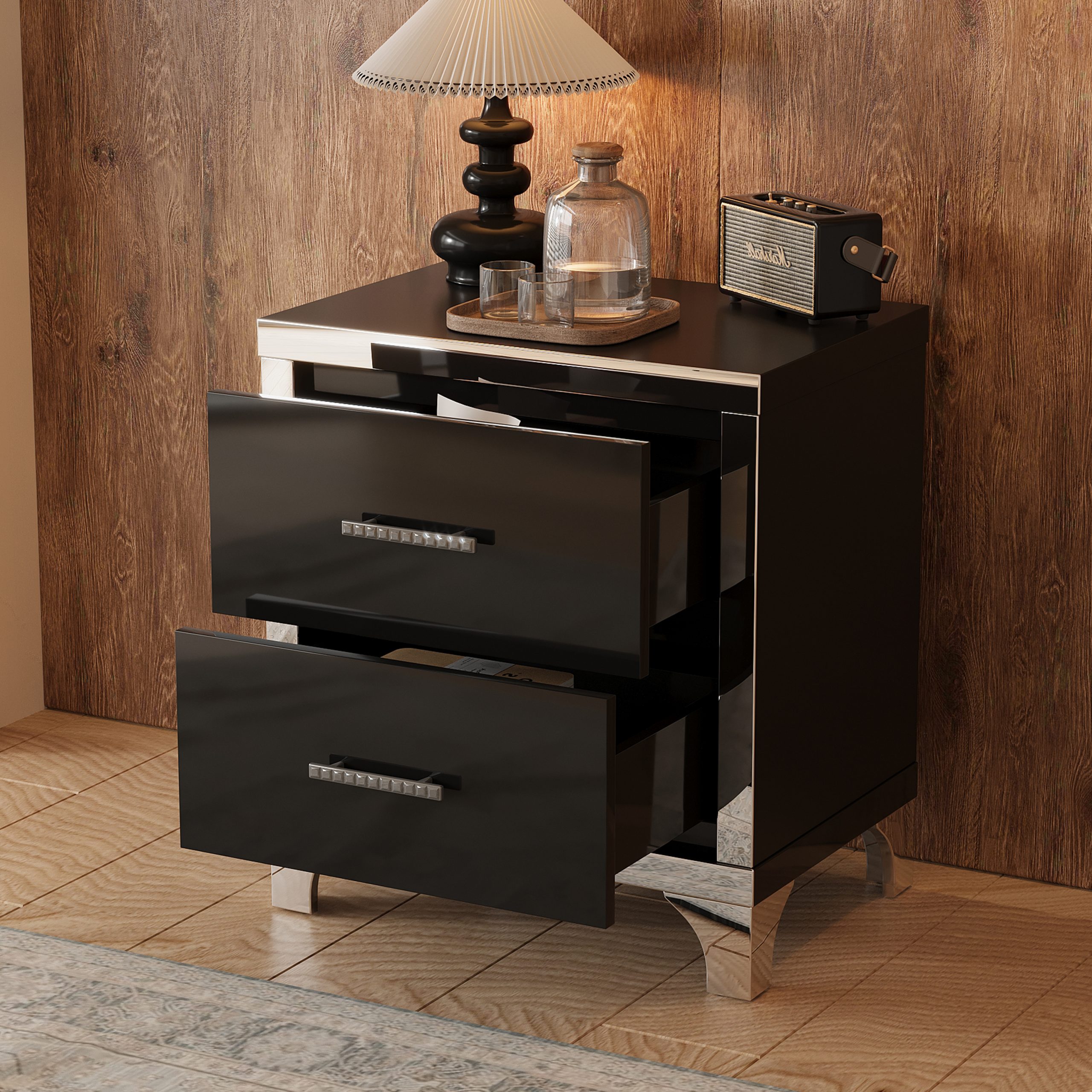 Black Storage Nightstand - Nora Lane Home furniture - Metal accent, Glass detail - 26.77 x 18.9 x 11.22 in