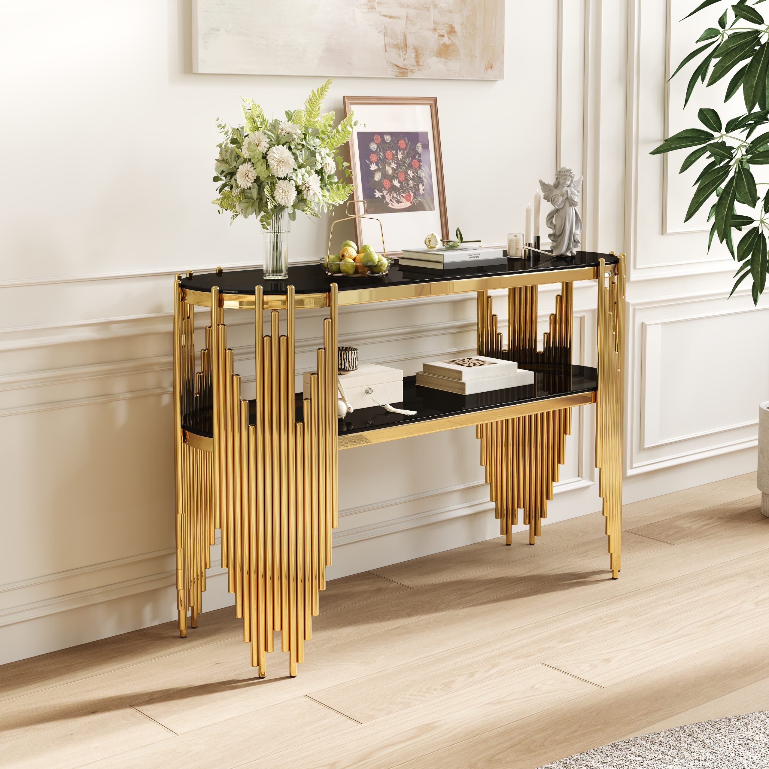 Black Round Console Table - Nora Lane Home furniture - Metal accent, Glass detail