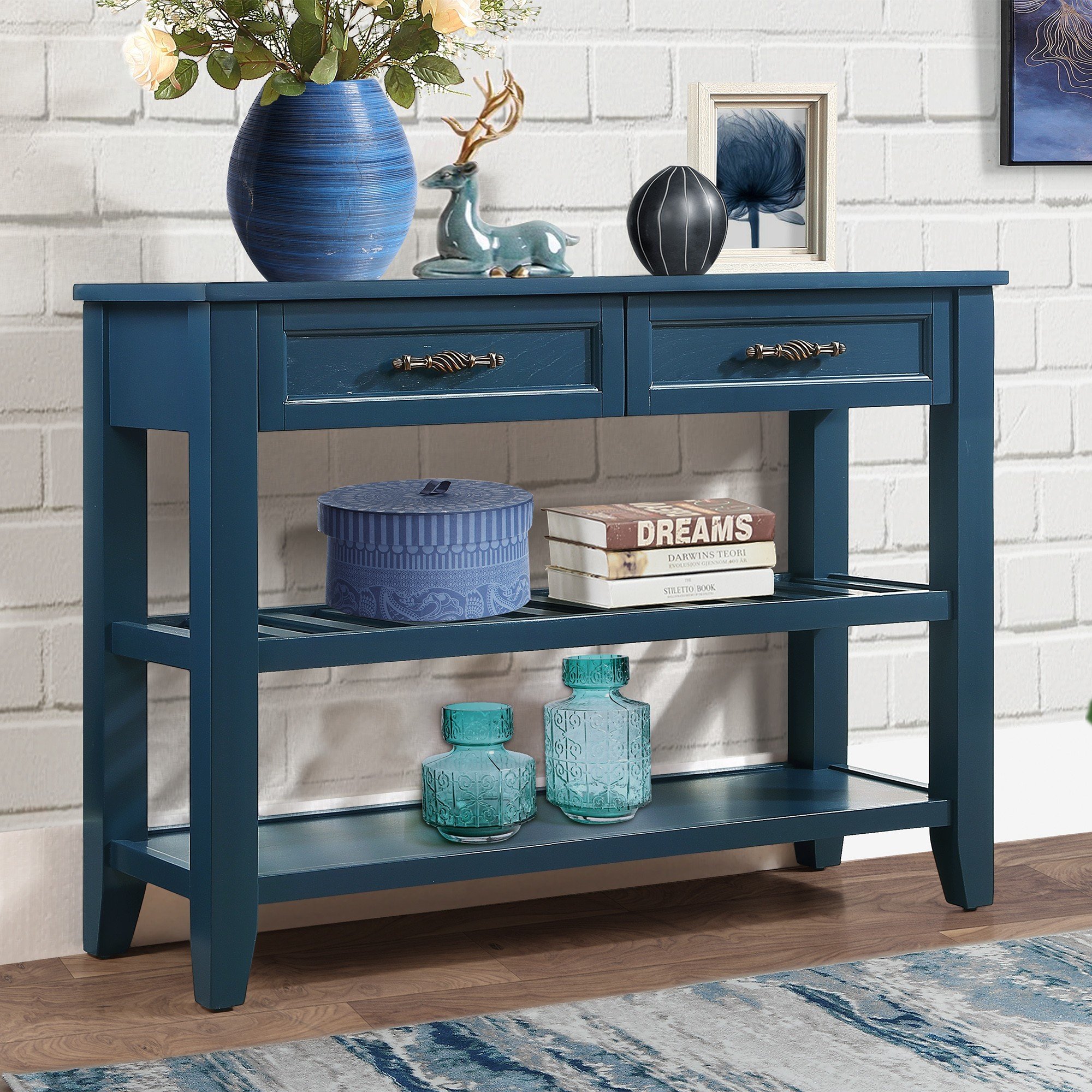 Blue Solid Wood Storage Sideboard - Nora Lane Home furniture - Solid wood, Metal accent - 45.47 x 17.13 x 12.6 in