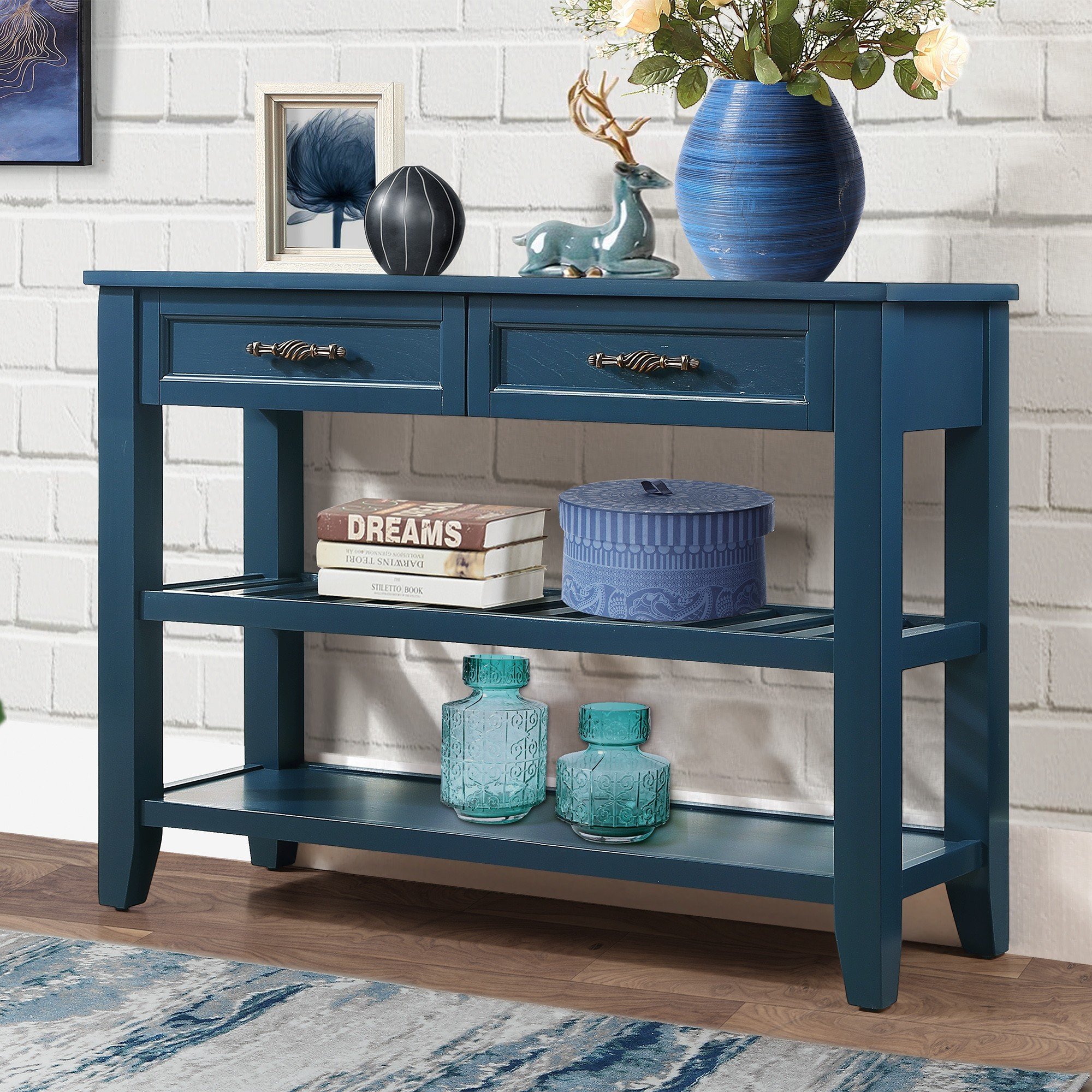 Blue Solid Wood Storage Sideboard - Nora Lane Home furniture - Solid wood, Metal accent - 45.47 x 17.13 x 12.6 in