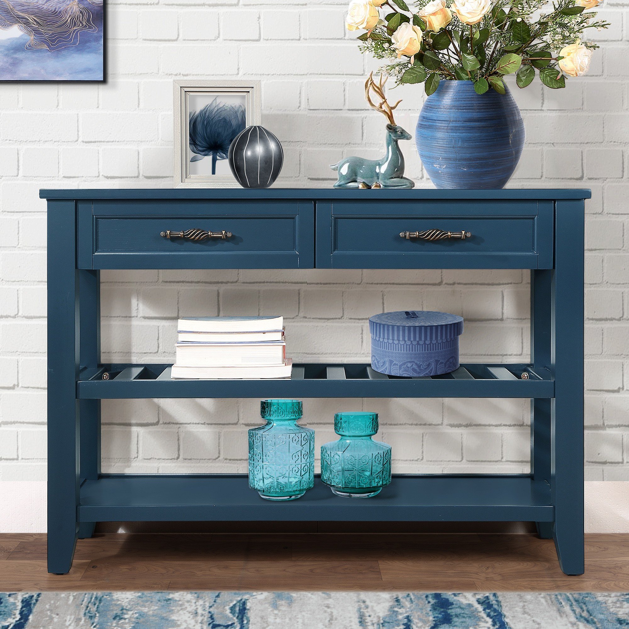 Blue Solid Wood Storage Sideboard - Nora Lane Home furniture - Solid wood, Metal accent - 45.47 x 17.13 x 12.6 in