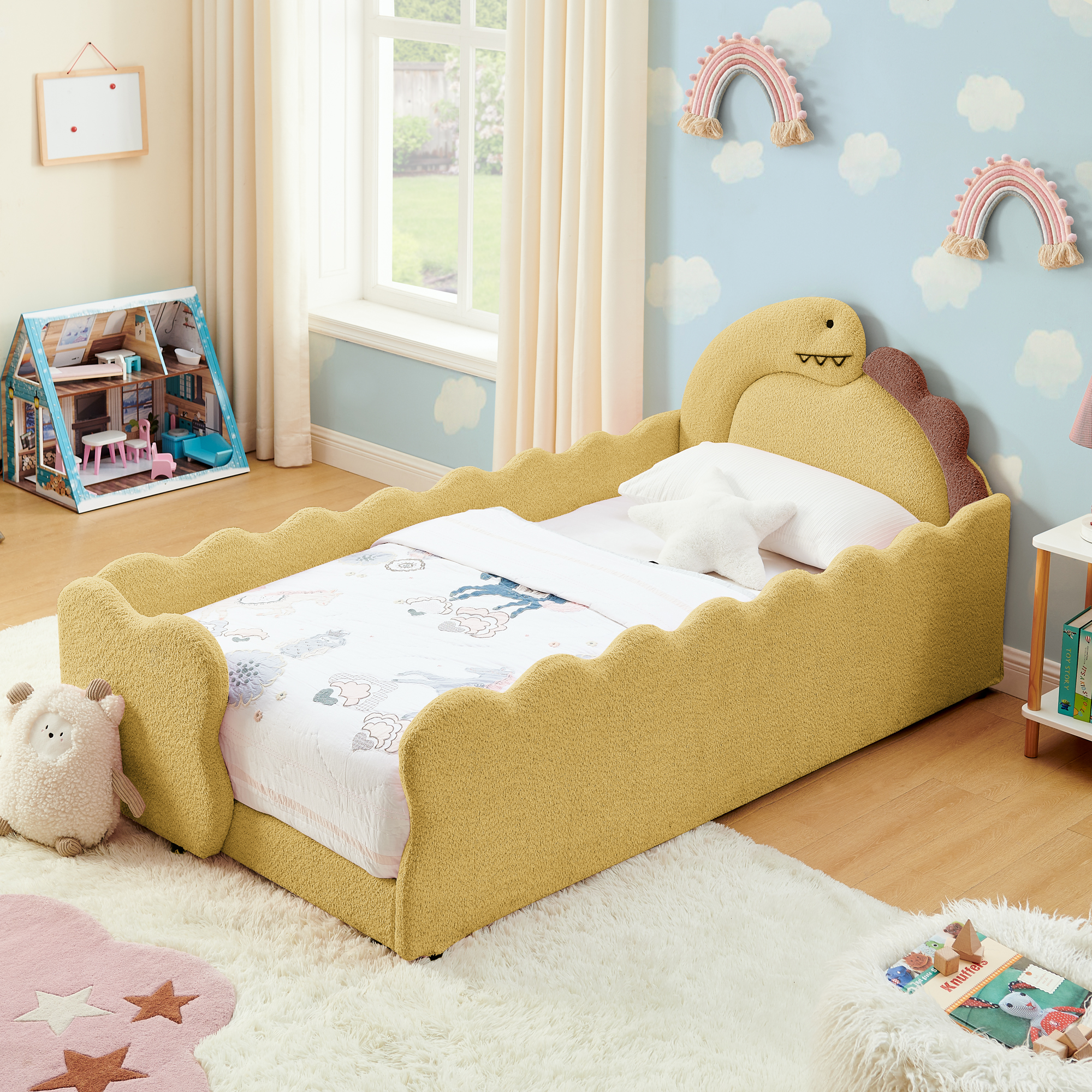 Yellow Solid Wood Boucle Beds Frames & Bases - Nora Lane Home furniture - Solid wood, Metal accent - 39.76 x 27.36 x 14.17 in