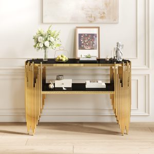 Black Round Console Table - Nora Lane Home furniture - Metal accent, Glass detail