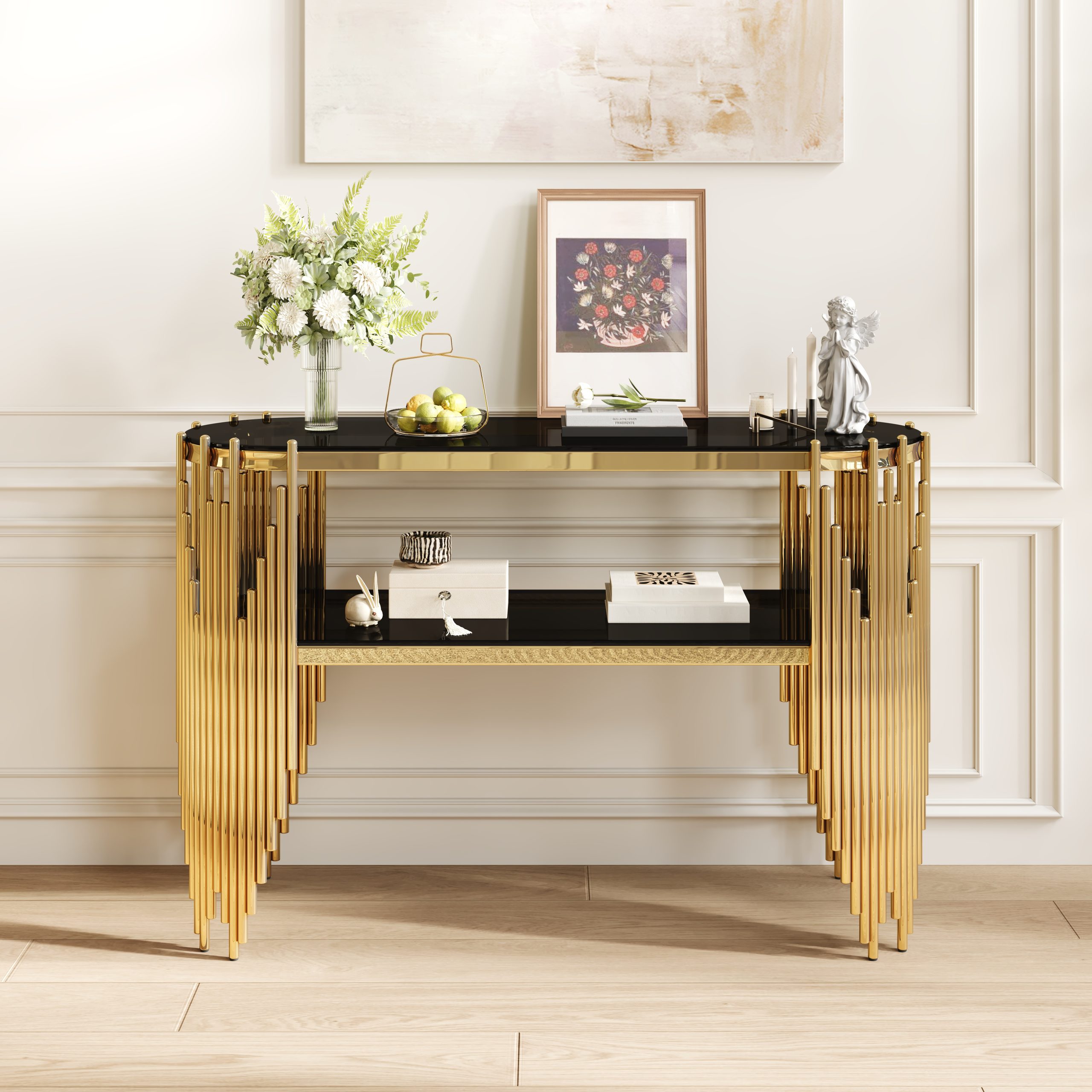 Black Round Console Table - Nora Lane Home furniture - Metal accent, Glass detail